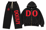 DOBUY VINTAGE WASHED ZIP-UP SWEATSUIT — BLACK/WHITE