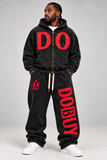 DOBUY VINTAGE WASHED ZIP-UP SWEATSUIT — BLACK/WHITE