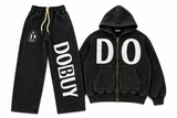 DOBUY VINTAGE WASHED ZIP-UP SWEATSUIT — BLACK/WHITE